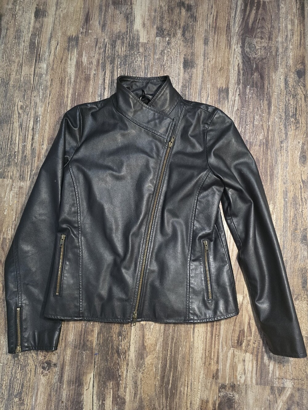 Eileen Fisher Black Asymmetric Zip Leather Jacket